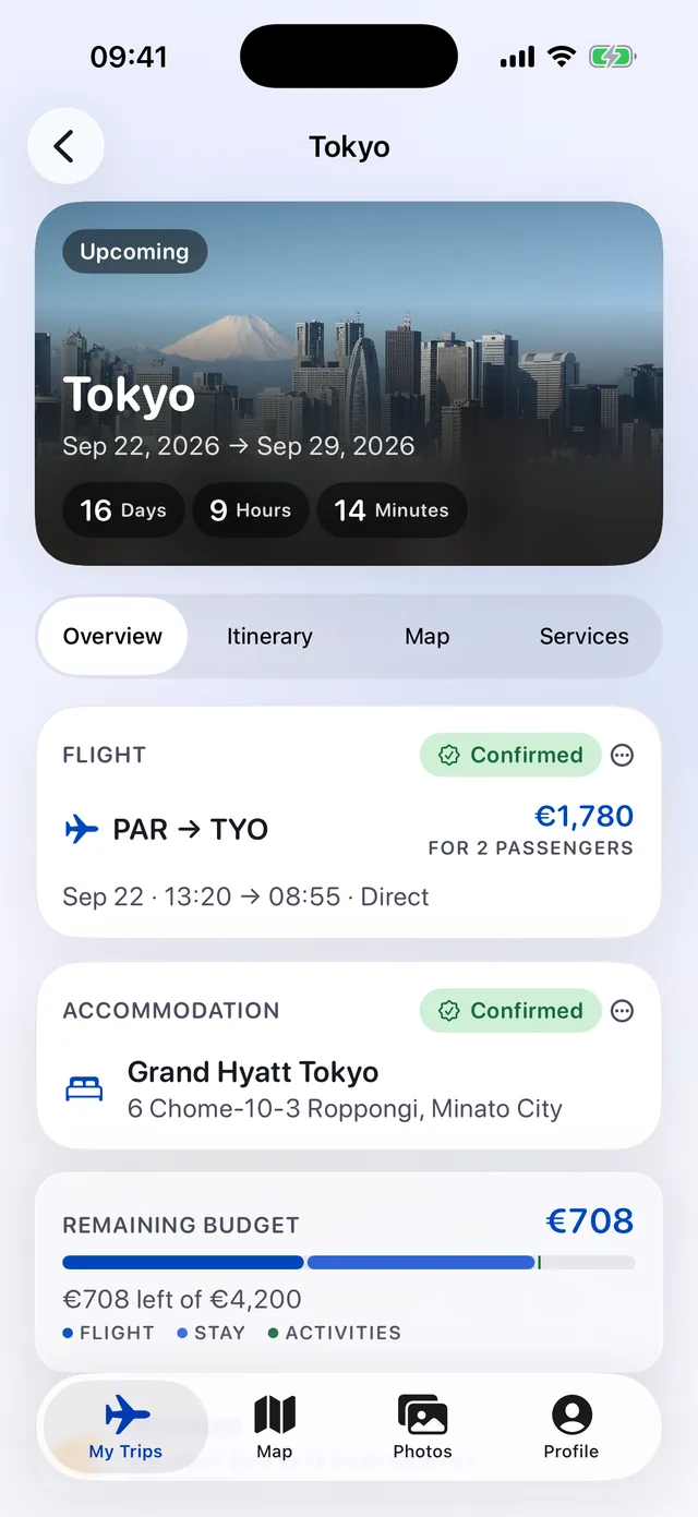 The Plotrip trip dashboard on iPhone: a Tokyo trip with its countdown, flight, hotel and remaining budget.